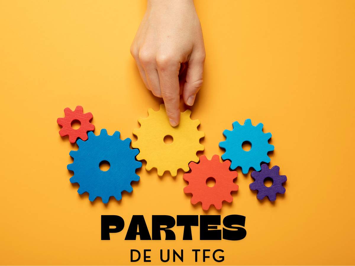 Representación visual de las diversas partes de un TFG con engranajes coloridos, simbolizando la interconexión entre las secciones del trabajo.
