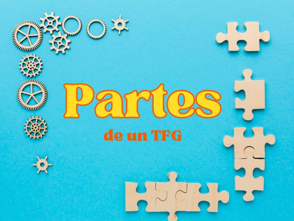 Diagrama de rompecabezas ilustrando las partes de un TFG, destacando la estructura compleja y meticulosa de un trabajo académico exitoso.