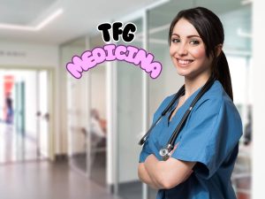 Estudiante de medicina sonriente en un hospital, lista para presentar su TFG en Medicina.