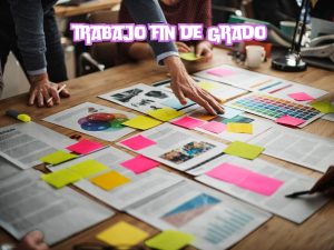Mesa de trabajo con papeles organizados y notas, representando la planificación de un Trabajo de Fin de Grado (TFG).