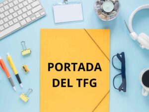 Portada de TFG con fondo amarillo y útiles de oficina alrededor