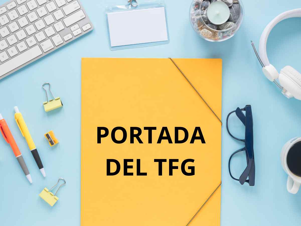 Portada de TFG con fondo amarillo y útiles de oficina alrededor