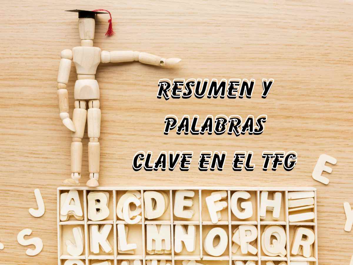 Muñeco licenciado con la palabra resumen y palabras clave en el TFG.